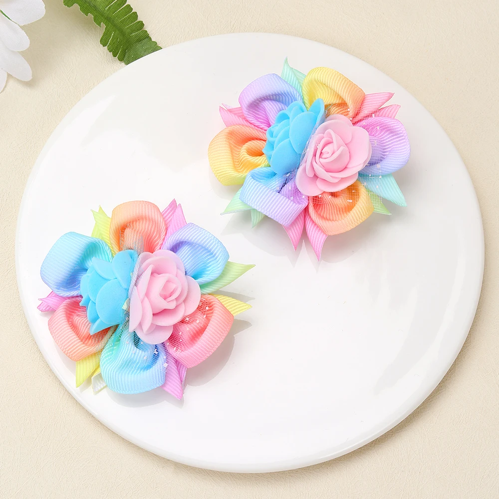2 Stück/Packung Kinder-Haarspangen mit Regenbogen-Farbverlauf, gewebtes Band, Schaumstoff-Blumen-Haarspangen, Haarschmuck für Kinder, Haarschleifen für Mädchen – Detail 10