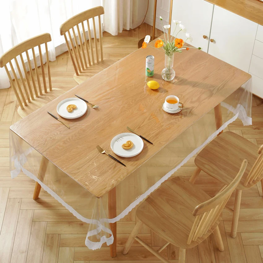 Table Cloth Table Protector Lace Hem Transparent Tablecloth Waterproof Oil-proof PVC Table Cloth Home Kitchen Dining Table Decorative Protective Cover