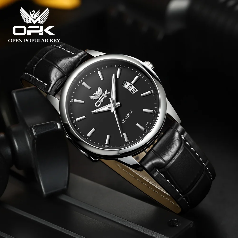 

OPK 6010 Fashion Quartz Watch For Men Waterproof Luminious Leather Strap Wristwatch Calendar Auto Date Business Mens Watches