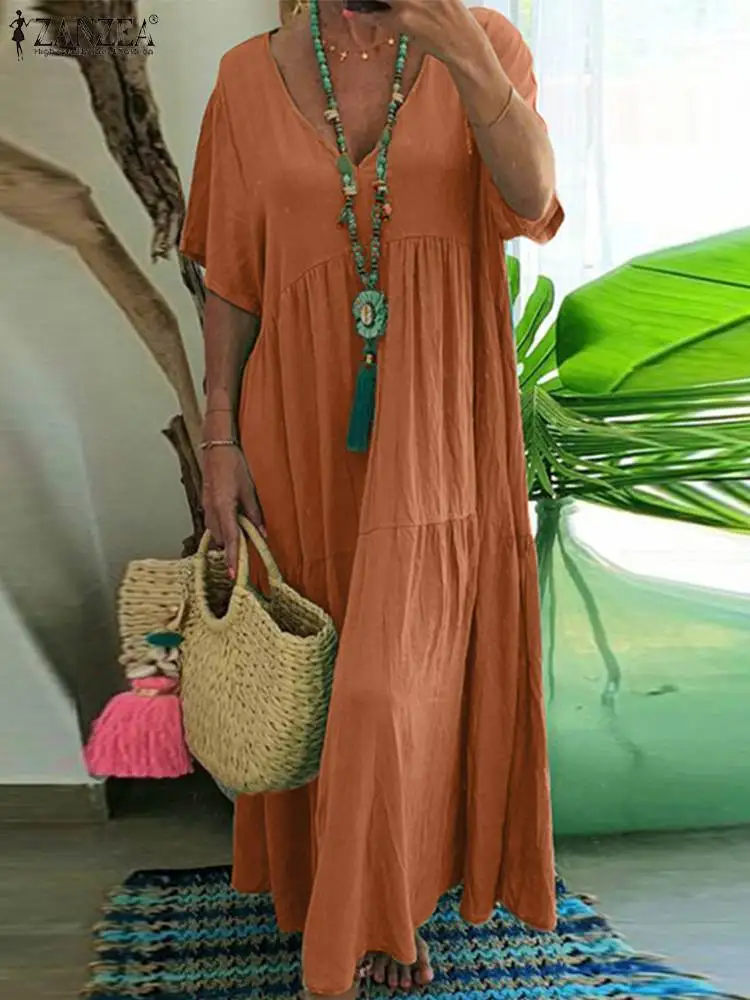 

ZANZEA Women Bohemian Summer Dress Fashion V Neck Short Sleeve Sundress Holiday Long Dresses Casual Beach Vestidos Solid Kaftan