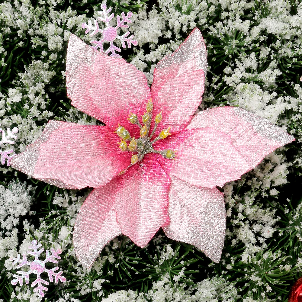 5/10 Stück Weihnachtsdekorationen Glitzer Künstliche Blumen für Heimdekoration Weihnachtsbaum Anhänger Navidad Neujahr 2026 Ornamente – Detail 16
