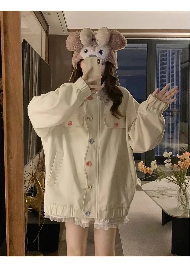 New College Style Dopamine Style Floral Lapel Jacket Women's Spring and Autumn New Design Loose Coat Top