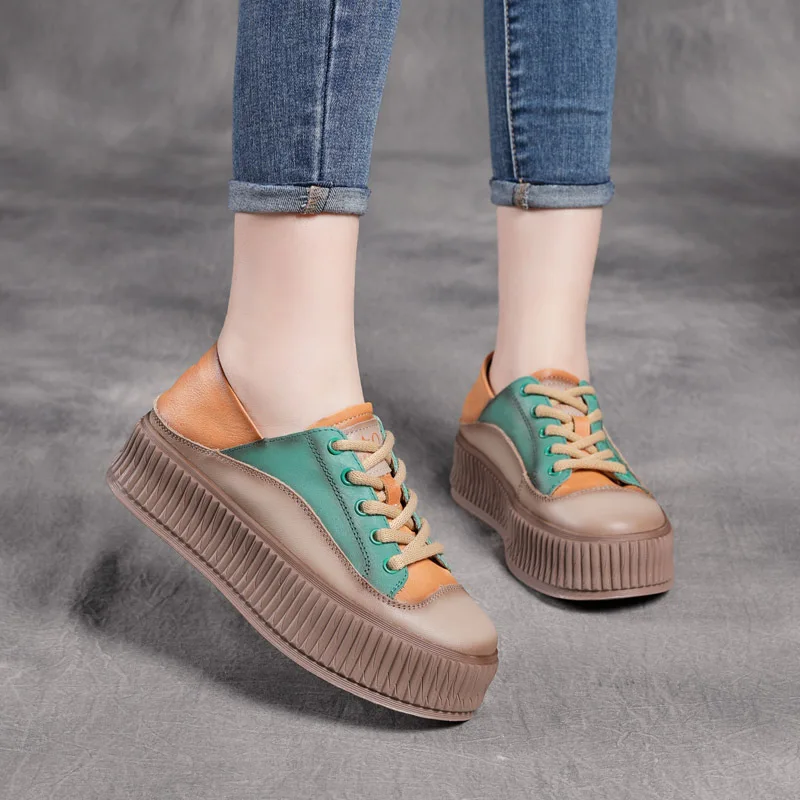 

pring and Autumn New Top Layer Cowhide Platform Muffin Bottom Color Matching Biscuit Shape Lazy