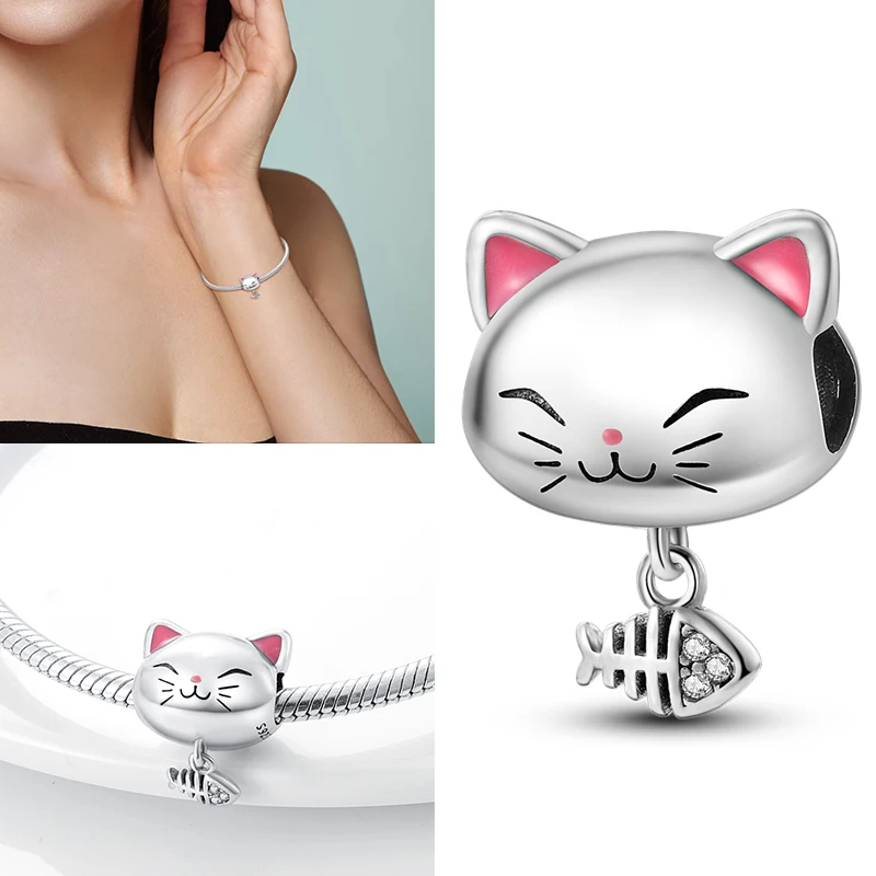 Animal Silver 925 Cute Akita Dog Cat Charms plata de ley Pet Doggy Bone Paw Print Schnauzer Bead Original Bracelet Jewelry