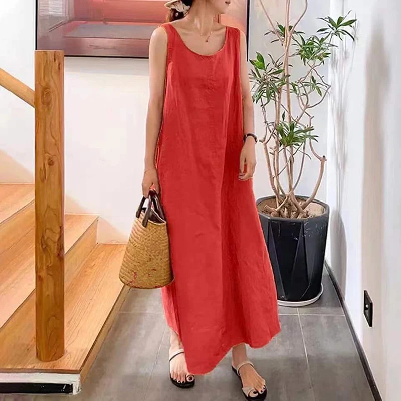 

Vintage Solid Color Cotton Linen Maxi Dress Summer Fashion O Neck Sleeveless A-line Dresses Elegant Ladies Tank Dress Vestidos