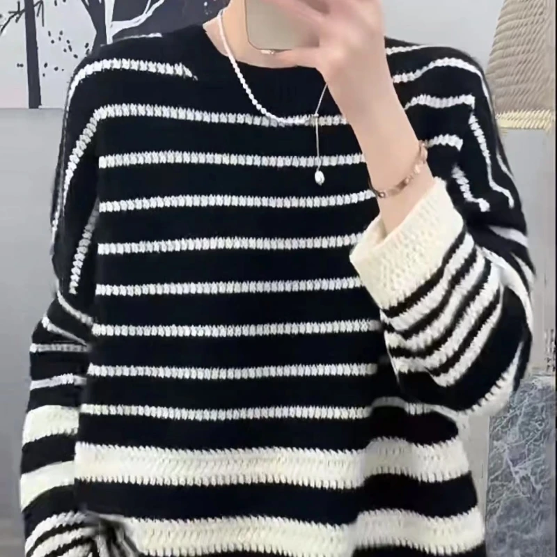 

Autumn Winter 100% Pure Woolen Sweater Round Neck Women's Stripe Korean Fashion Knitted Pullover Slouchy Long Sleeve Vintage Top