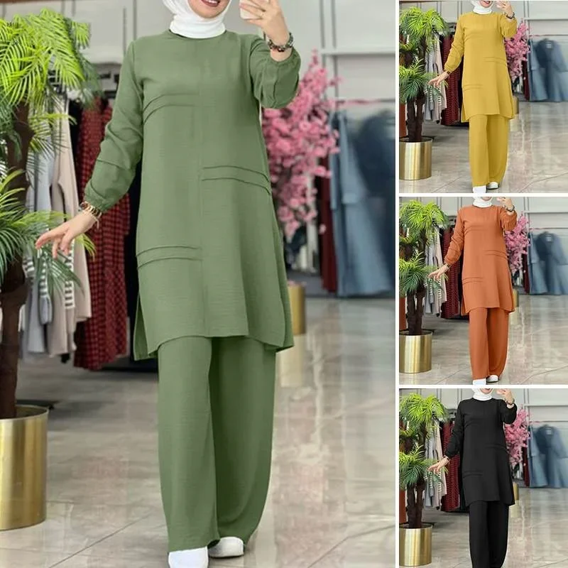 Two-Piece Muslim Sets for Women, Long Sleeved Shirt, Wide Leg Pants Set, Islamic Clothes, Elegant Abaya, Monochromatic, 2021