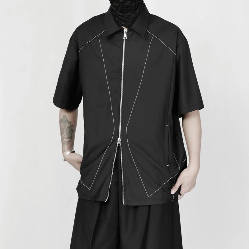 2023 summer new shirts men  wind diablo niche popular logo ins two-way zipper loose shirts with short sleeves 3
