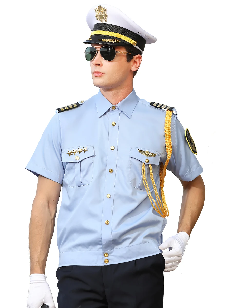 High Quality Summer Security Uniform Men Manager Professional Light Blue AirLine Captain Uniform Pilot Short Sleeves Shirts 2023 suit woman summer short sleeved temperament goddess fan professional dress receptio hotel catering manager work clothes