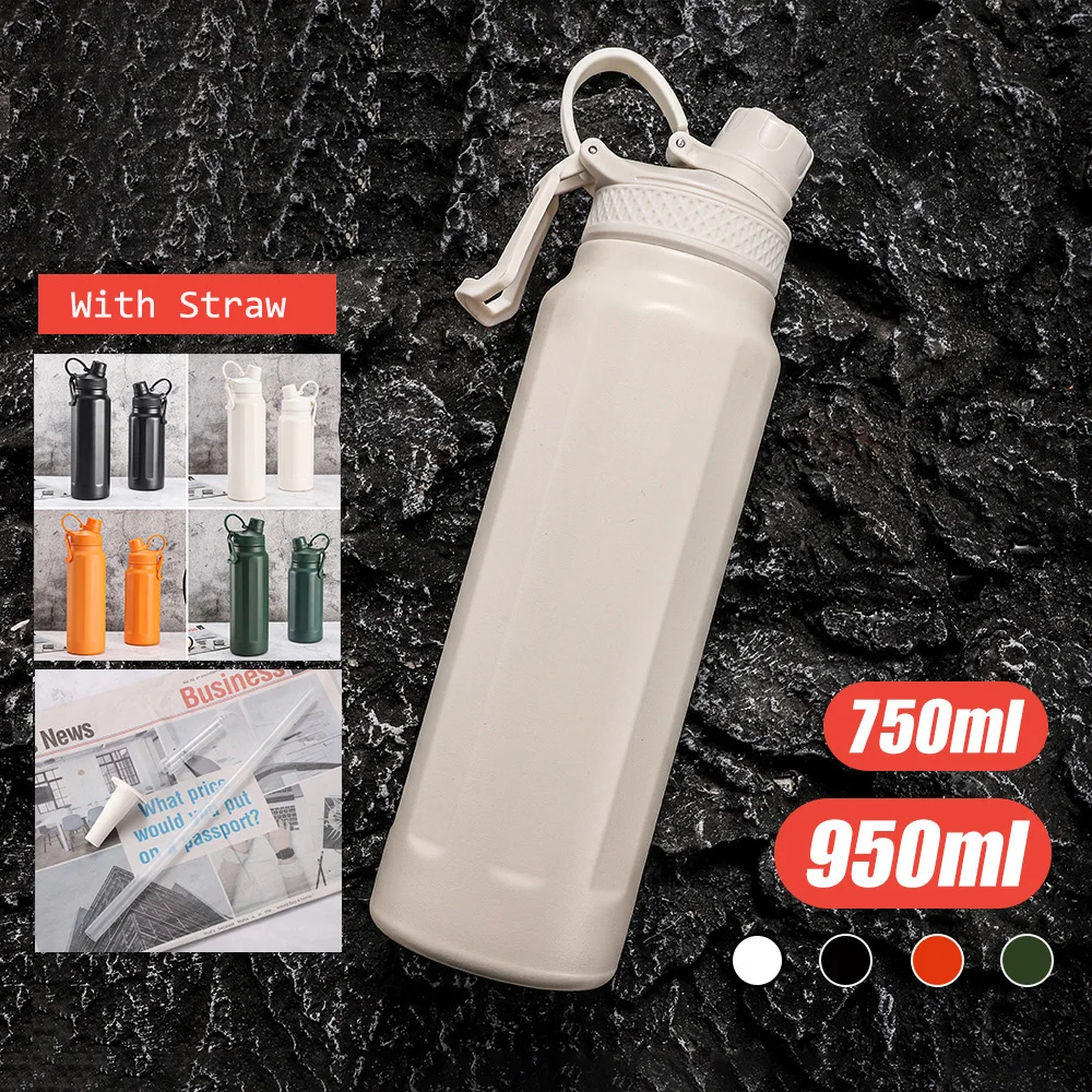 

750/950ML Bicycle Thermal Water Bottle With Straw Stainless Steel Sport Thermos Bottle Thermal Water Mug For Gym Outdoor Bottle