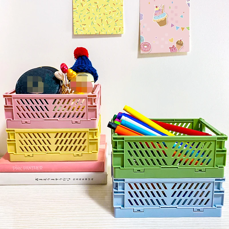 4Pcs Mini Stackable Crates Danish Pastel Foldable Baskets Tray with Handles Handmade Materials Storage Box Kitchen Desktop Decor