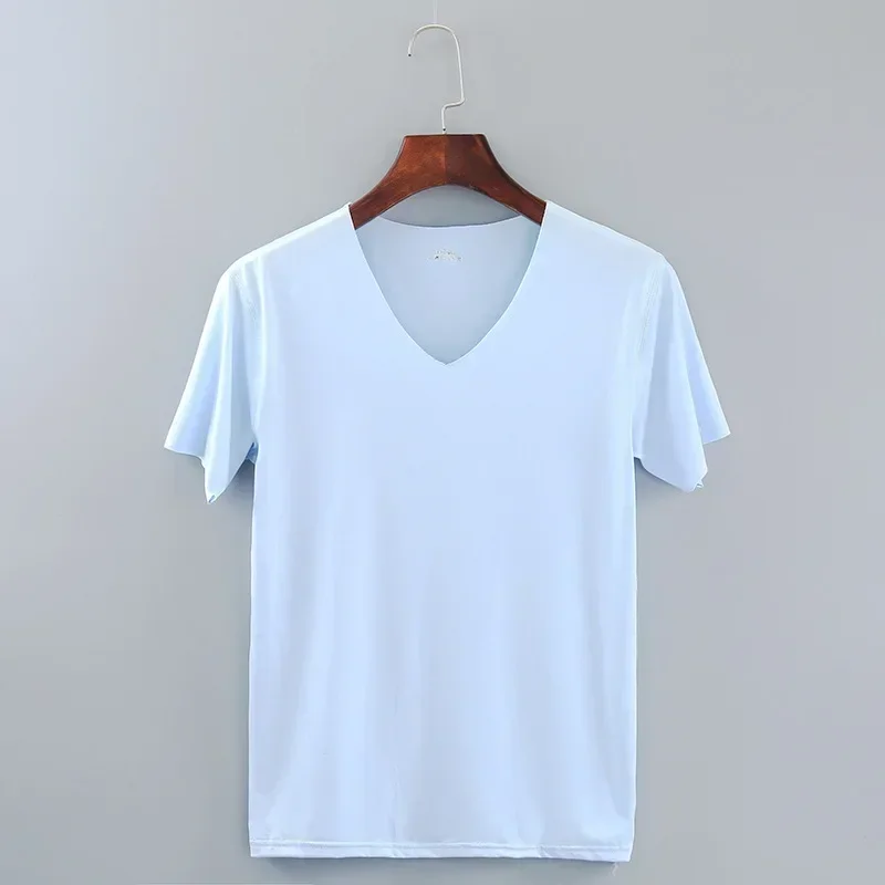 thumbnail image 1 of Camisetas de verano 2024 para hombre, camisetas casuales lisas, camisetas con cuello en V, ropa básica sin costuras, camiseta cómoda de manga corta, ropa interior, 1 of 5