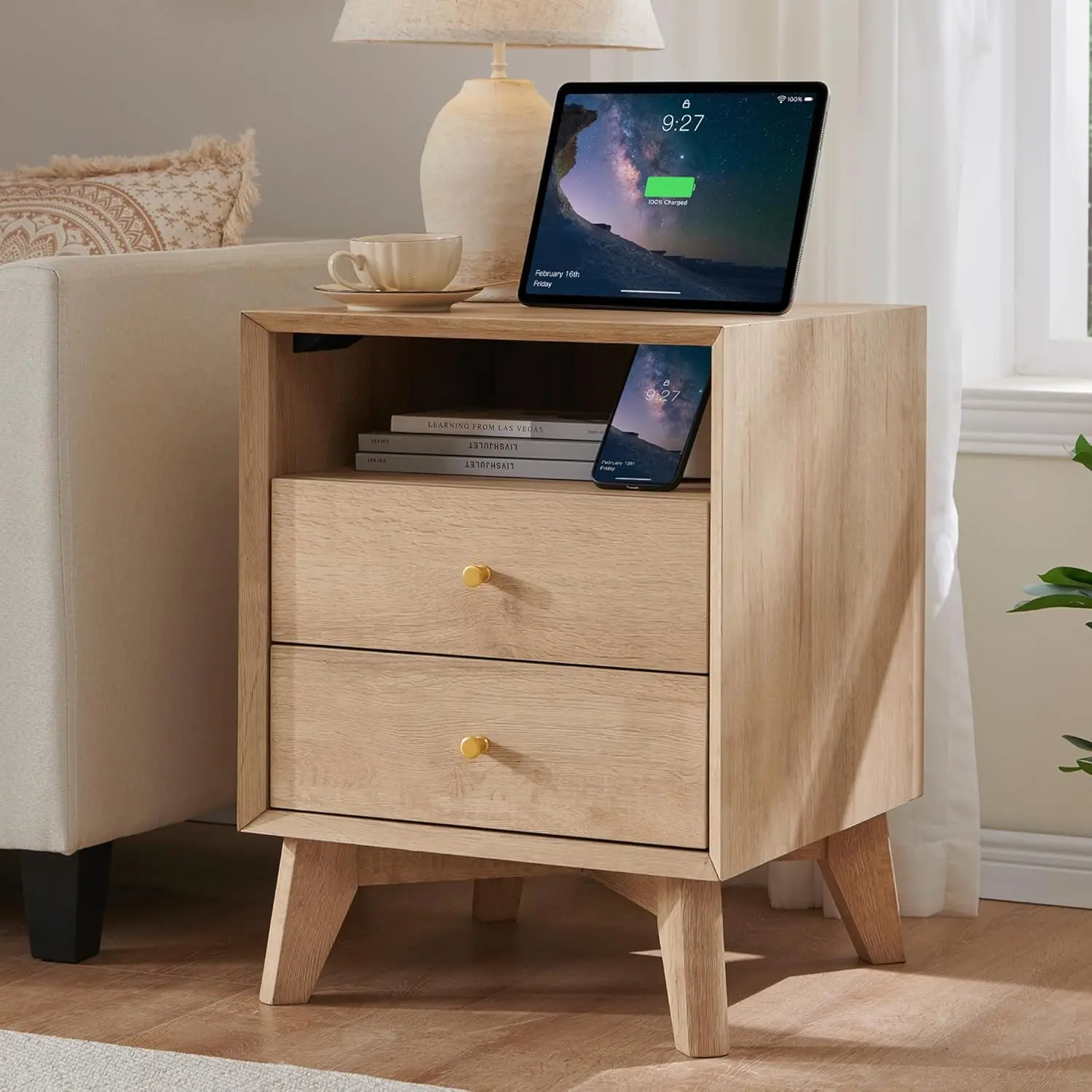 Nightstand with Charging Station, 18" Mid Century Modern Side Table, 2 Drawer Dresser, End Table w/Storage, Bedside