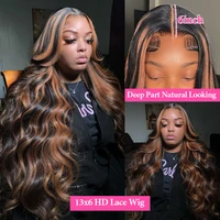 Perruque Lace Frontale HD 13x6 en Cheveux Humains, Densité 220, 30 Pouces, Noir Brun 1B/30, Ondulée Body Wave, avec Mèches Colorées 5
