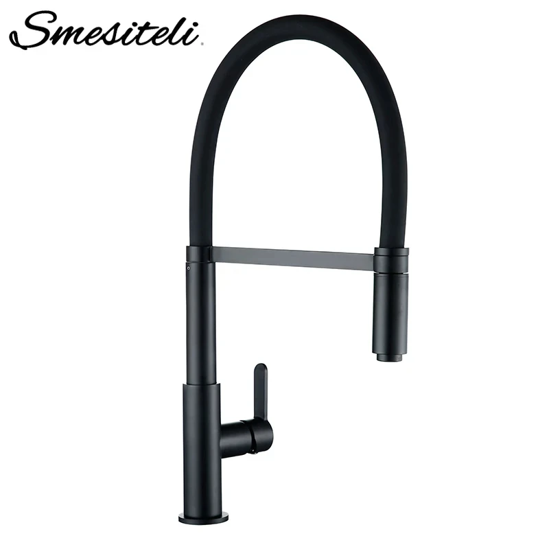 Smesiteli Kitchen Faucets Round Matte Black Brass Single Handle Single Hole 360 Degree Swivel Mixer Sink Tap Pull Out Down Taps kitchen sink faucet set