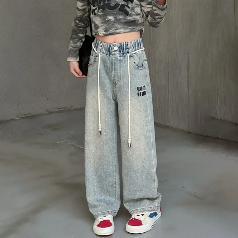Girl's Hot Diamond Embroidered Jeans 2024 Spring Children Kids Wide Leg Pants  Korean Edition Loose Trousers for Girls 120-170cm