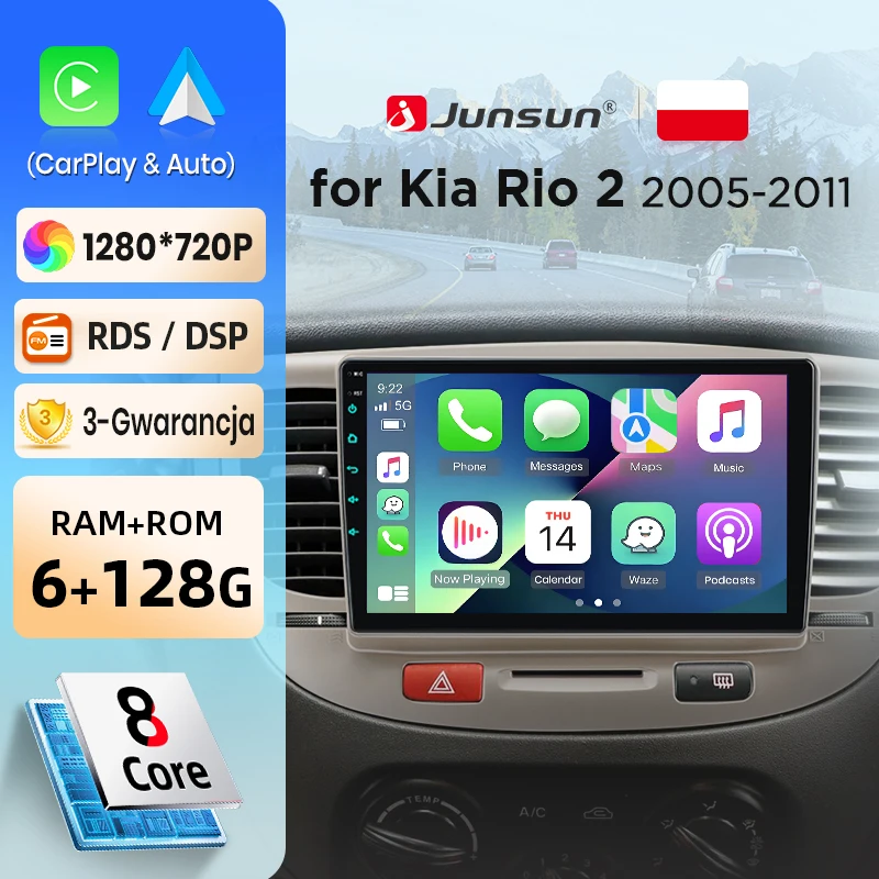 Radio de coche Junsun con CarPlay inalámbrico y Android Auto para Kia Rio 2 2005-2011, sistemas inteligentes para coche, DSP, SWC, RDS, GPS, FM, BT 1