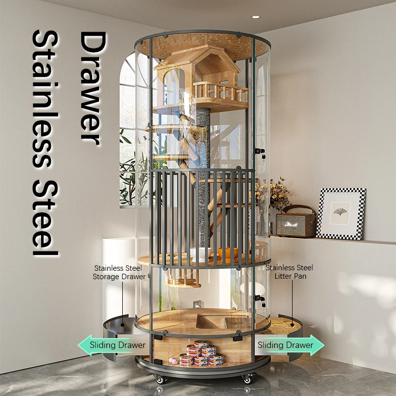 Multifunctional Wooden Cat Tree Tower Large-Scale Indoor Panoramic Cage Comfortable Pet House Glass Pet Furniture