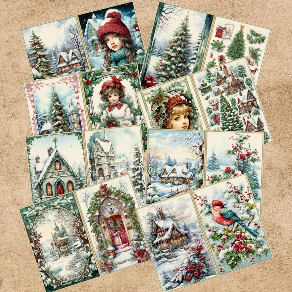 8 Sheets A5 Size Girl Wearing Red Hat In Christmas Tree Forest Background Vintage Grunge Journal Planning Scrapbooking