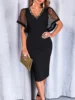 Women's Plus Size Black V Neck Sheer Sequin Sleeve Bodycon Midi Length Summer Evening Casual Dress
