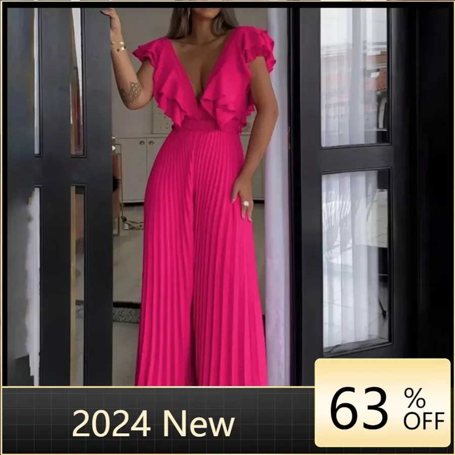 Spring Women Jumpsuit Sexy Fashion V Neck Sleeveless Solid Nipped Waist Pleated Loose Wide Legs Romper High Streetwear pocket decoration v neck vest style elegant women s jumpsuit casual pleated wide leg pants sexy bodycon clothing