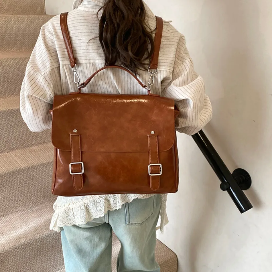 High-quality Leather Backpack Women Fashion School Bag England College Style Designer Luxury Solid Shoulder Bag Ladies Handbags 3