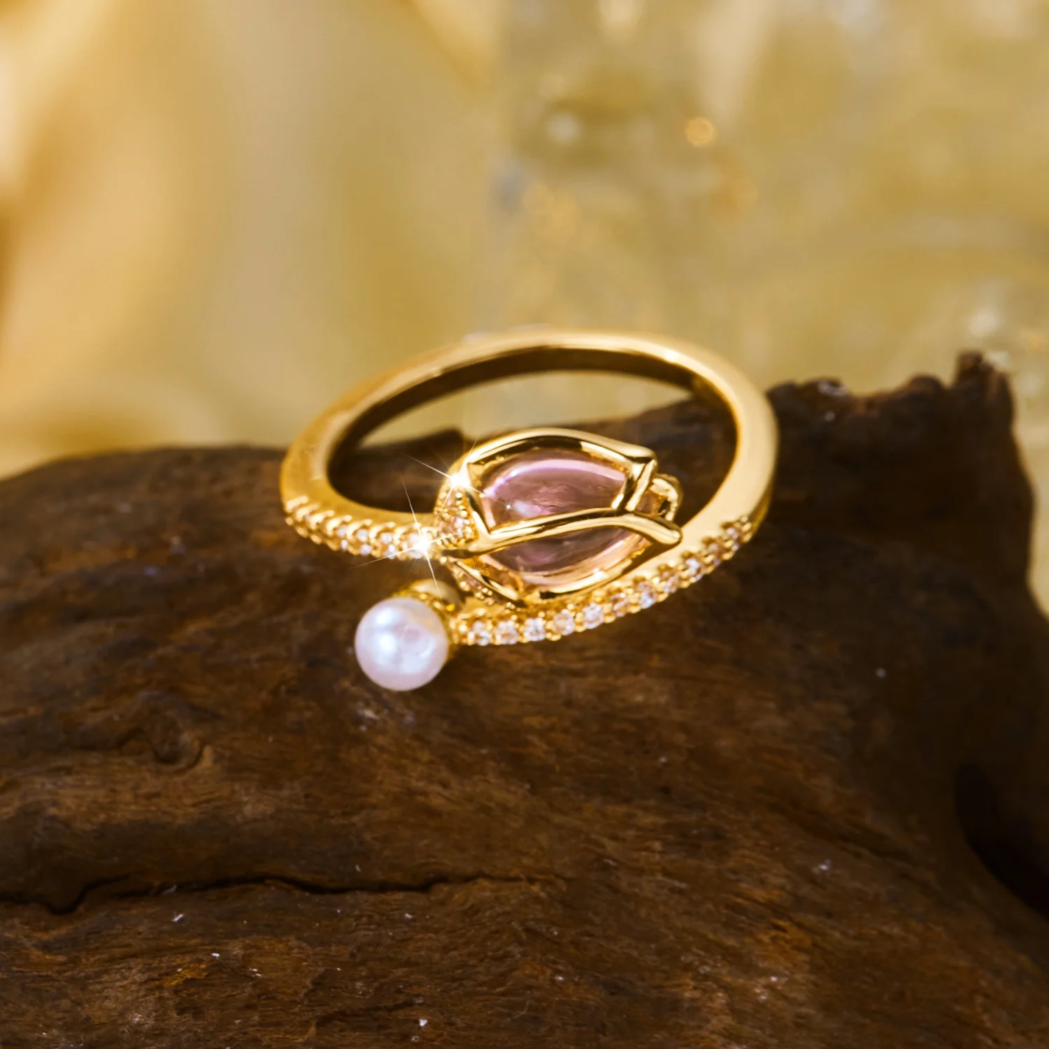 Minimalistischer Rosenknospen-Perlen-Bypass-Ring für Damen Messing Zirkon Pavé Kleiner Stein Offener Wickelring Zarter Modeschmuck – Detail 5