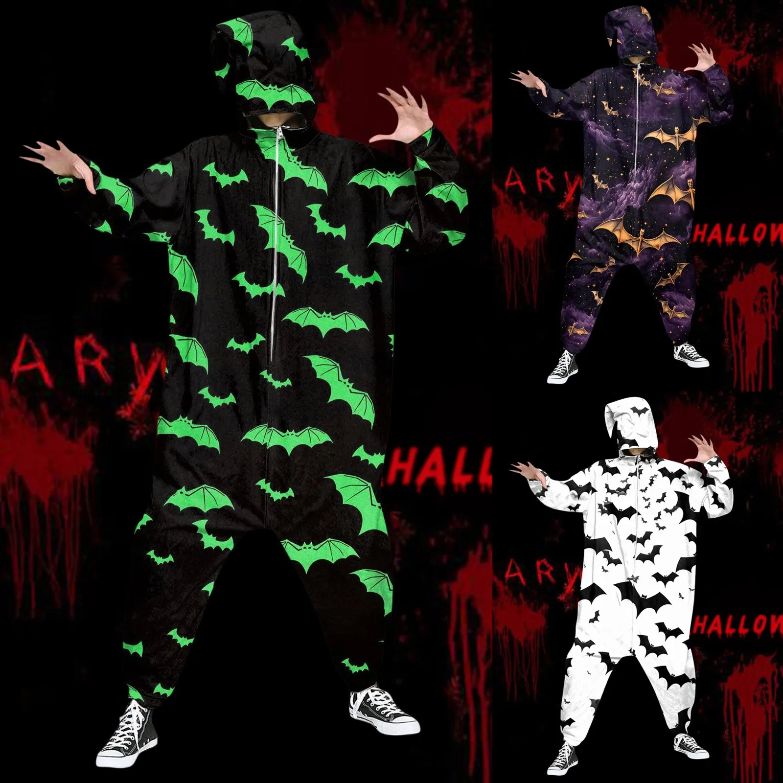 

Mens Halloween Printing Color Hooded Zipper Home Pajamas Party Jumpsuit Jumpsuit Set