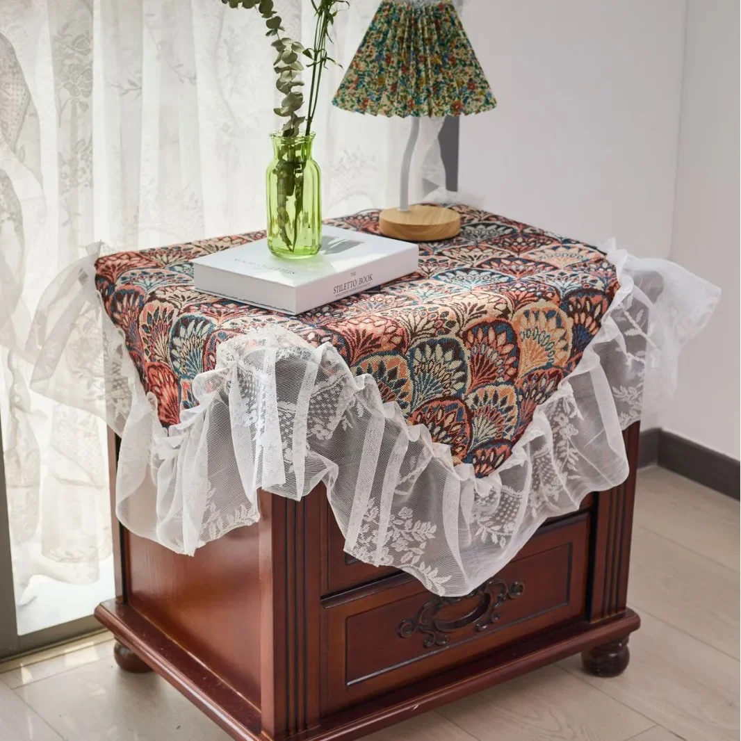Jacquard Contrasting Geometric Tablecloth with Lace Ruffled Ruffle Rectangle Table Cloth For Dining Table Wedding Party Home