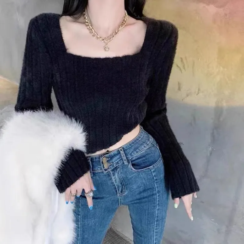 가을 겨울 뜨개질 자르기 탑 여성 스키니 스웨터 하단 셔츠 패션 여성 긴 소매 풀오버 캐주얼 니트 스웨터