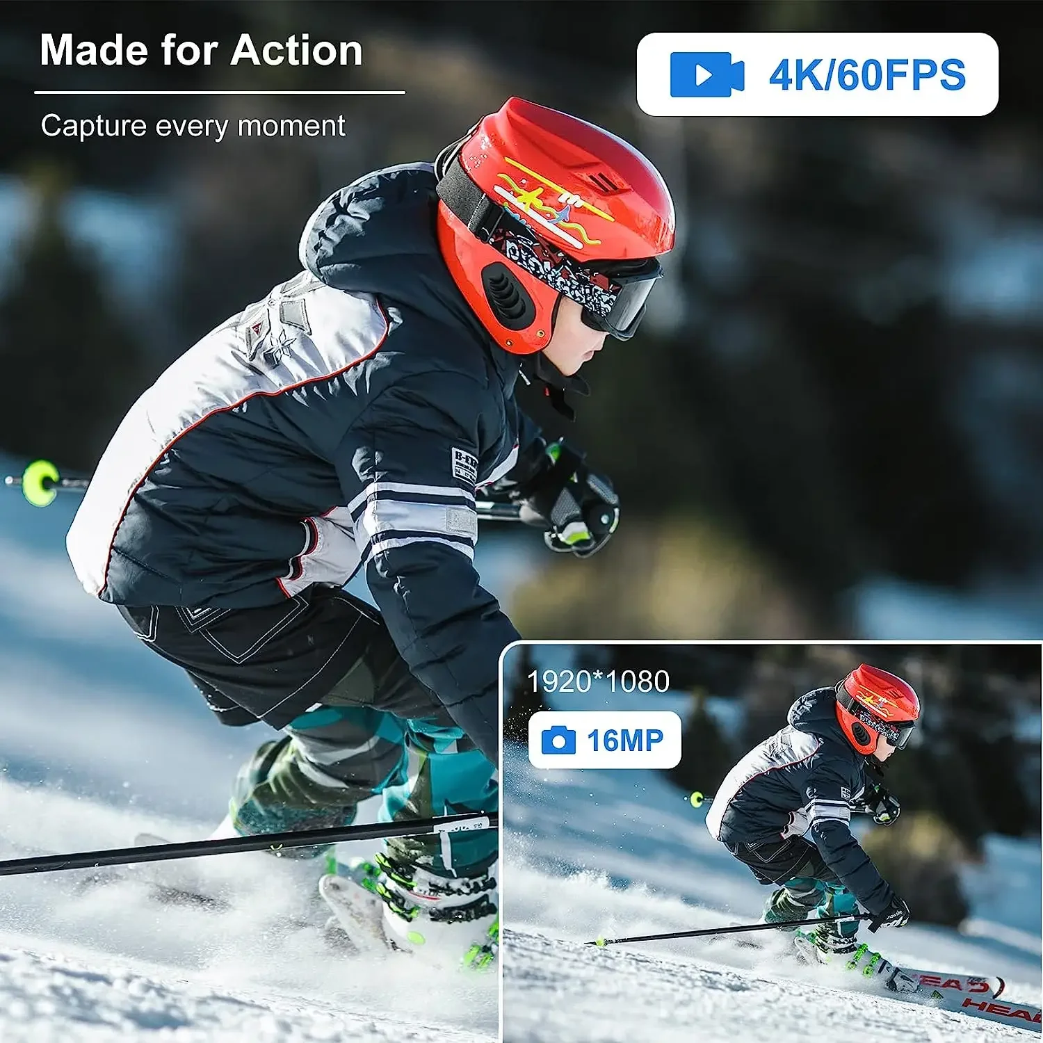 4K 60fps 64MP 듀얼 스크린 액션 카메라 EIS WiFi 야외 스포츠 DV 20m 방수 스포츠 카메라 (브이로그 촬영용)