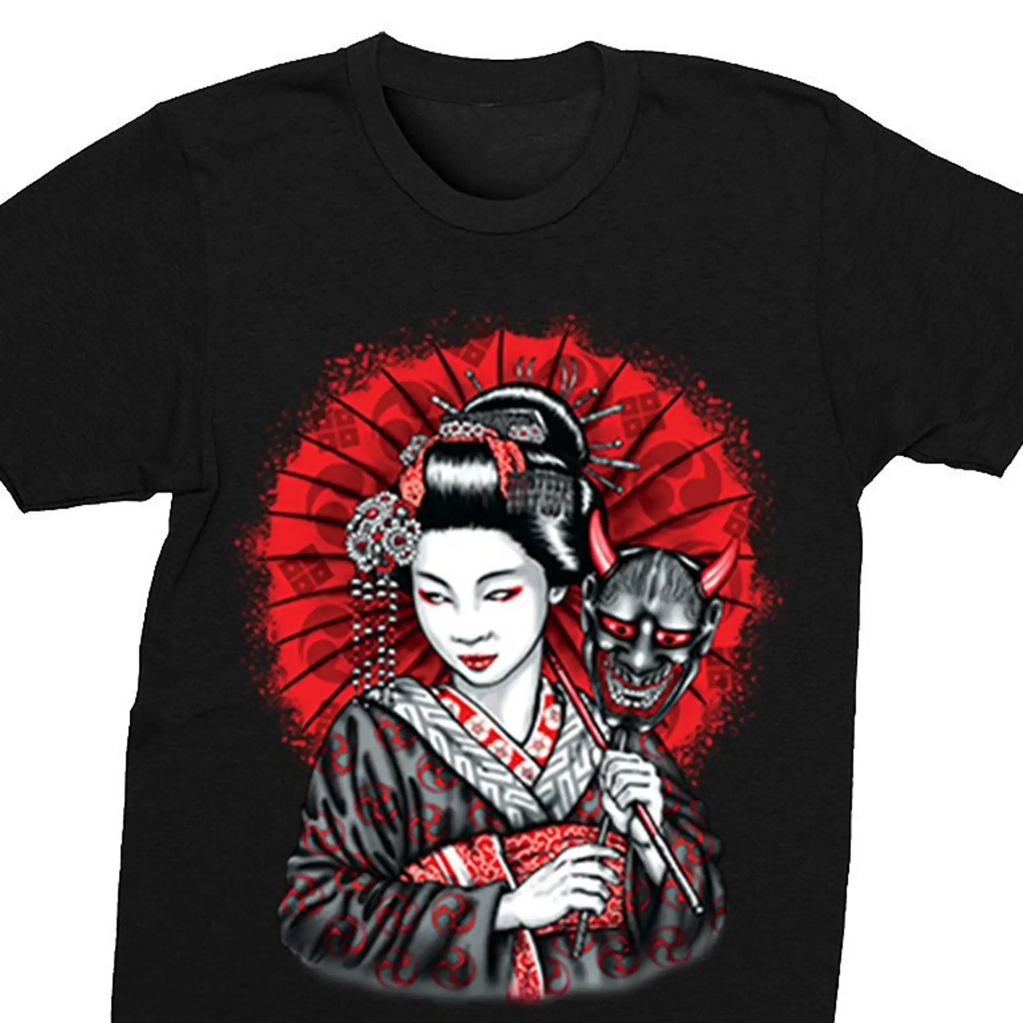 Geisha Oni Mask Da Uomo Yokai Ogre Demon Kuruoshiki Asian Art Culture T-Shirt Girocollo