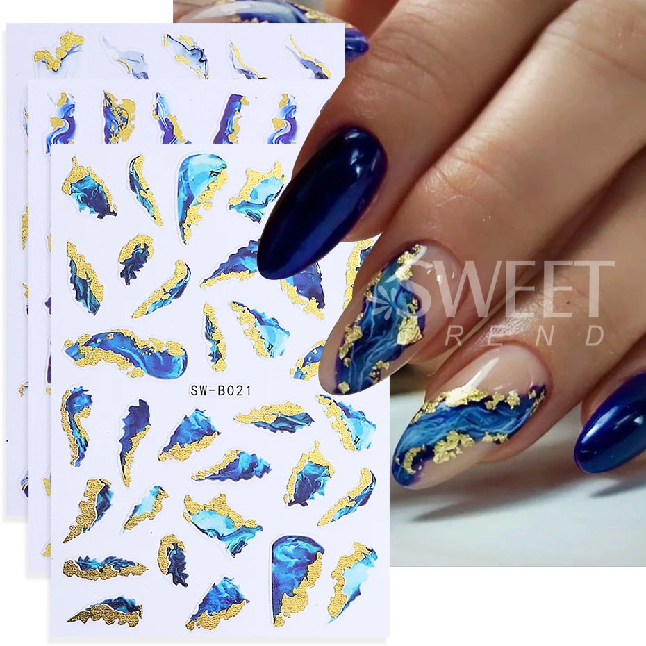 3pcs Blue White Marble Stripe Nail Sticker Gold Foil Wave Line Ink Blooming Irregular Slider Nail Decals Adhesive Manicure Decor