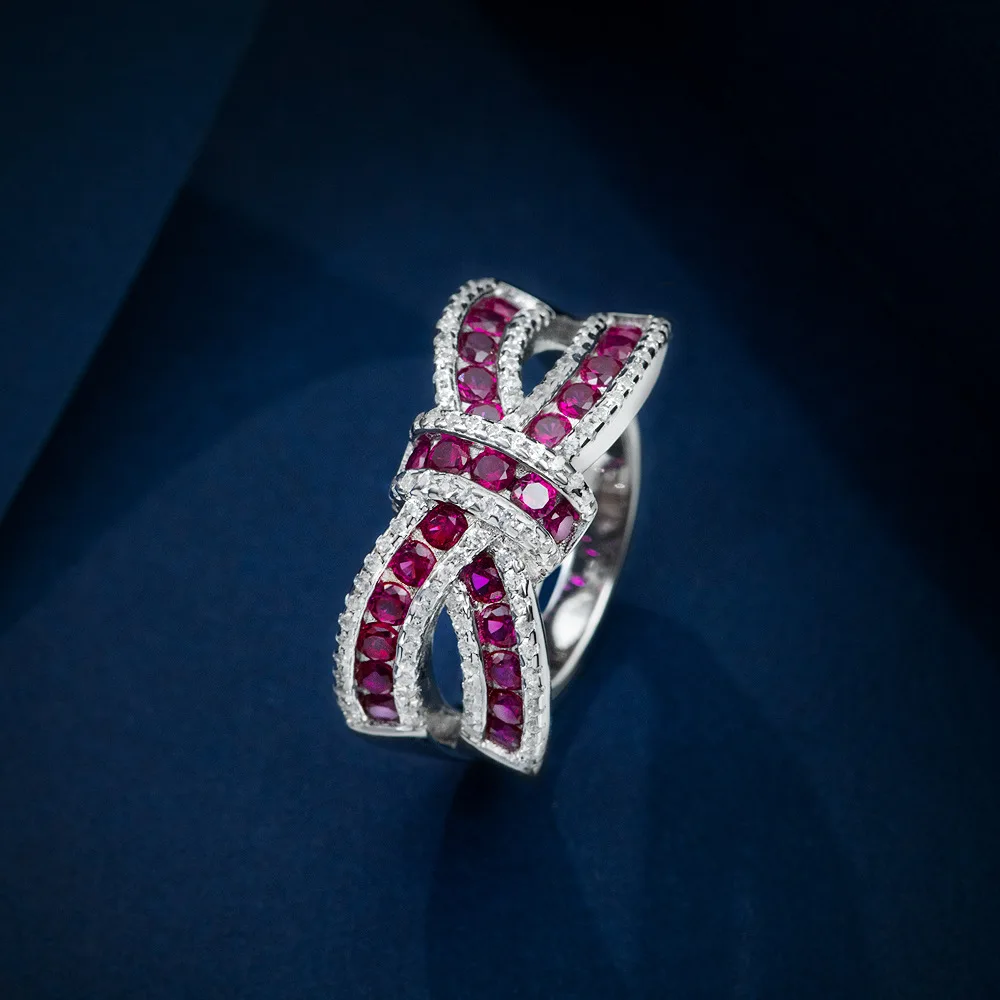 

2023 New S925 Silver Smart Bow Red Treasure Ring Round 2mm Light Luxury High Carbon Full Diamond Ring