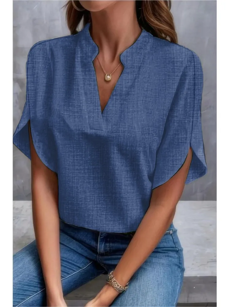 Summer Elegant Women\'s Blouse New V-neck Short Sleeve Solid Color Loose Shirt Casual Tops 2024 Office Lady Blouses