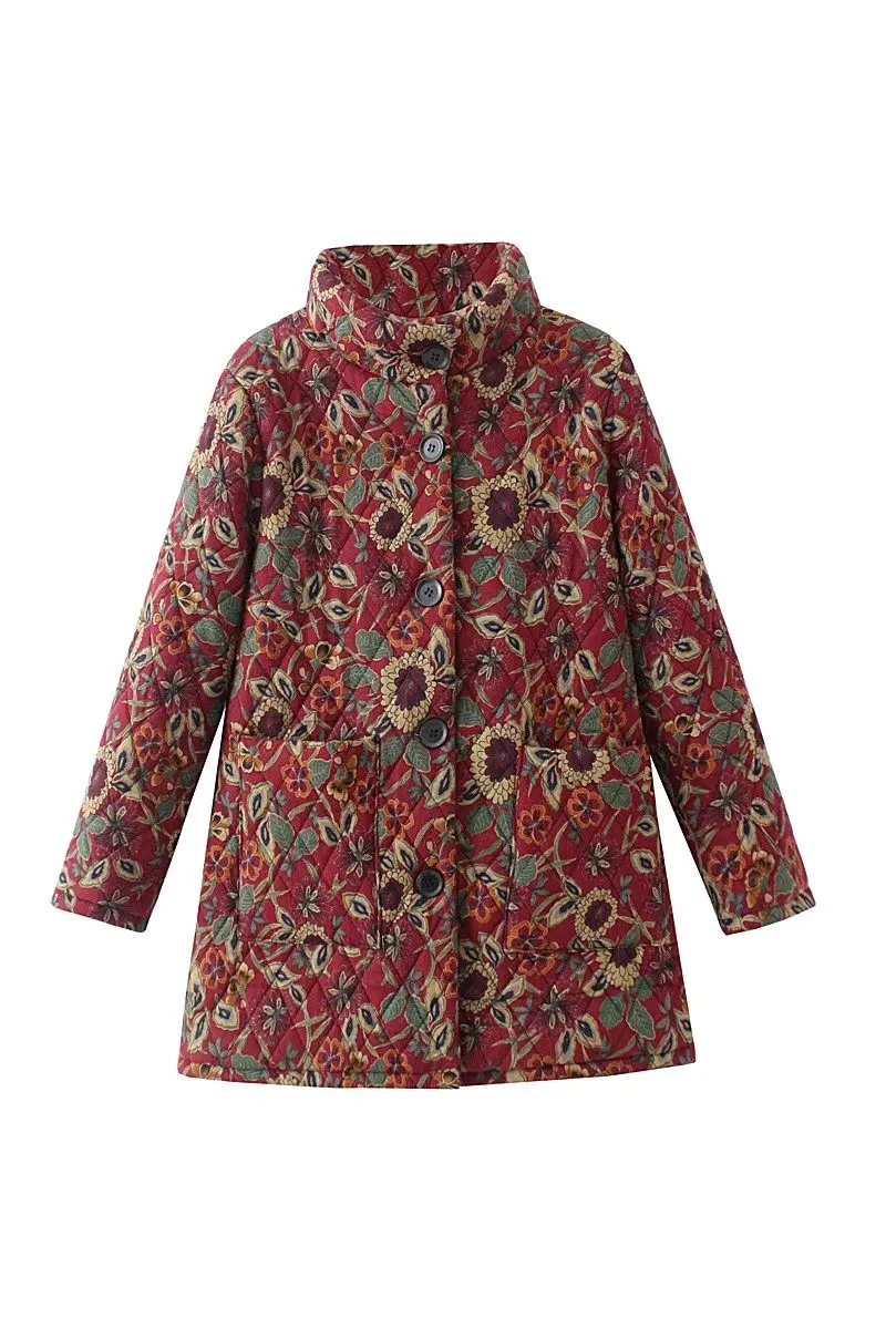 Plush Thickened Cotton Coat Middle-Aged And Elderly Mothers Winter Medium Length Sunflower Printed Oversized Warm Jacket Z3924