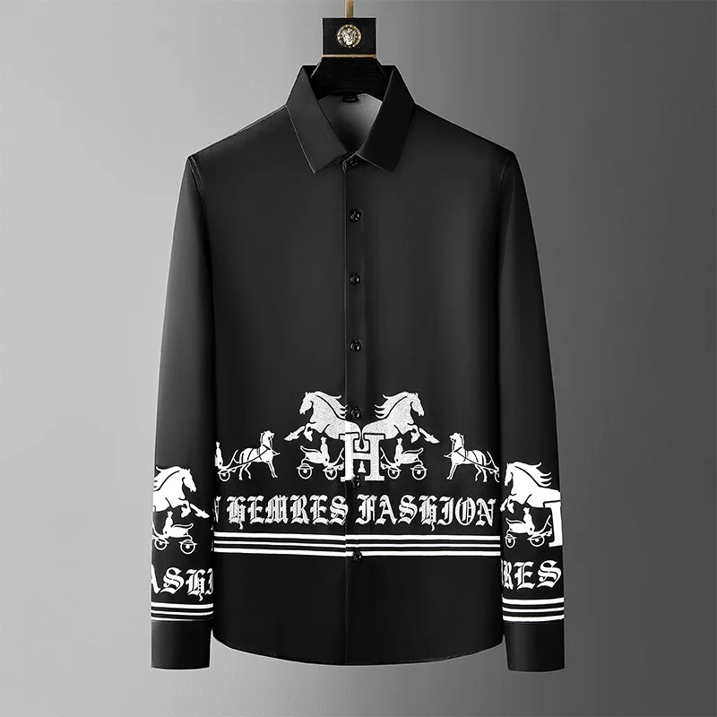 Autumn High Quality Men Long Sleeve Shirts For Man Turn Down Fashion Casual Black Print Tops