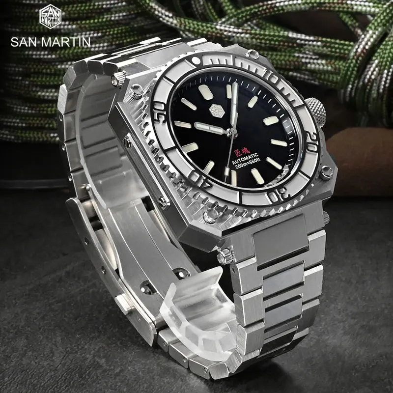 

San Martin Limited Edition Wristwatch Square Men's Diver Watch ETA2824-2 Automatic Mechanical Watches Enamel Black BGW-9 20Bar