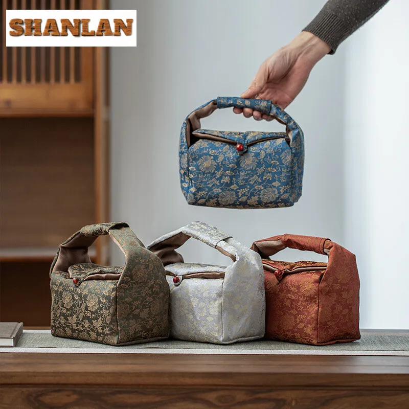 Entangled Lotus Brocade Tea Handbag Travel Portable Storage Bag Thickened Divider Teacup Teapot Cloth Hoppocket Camping Tea Bag