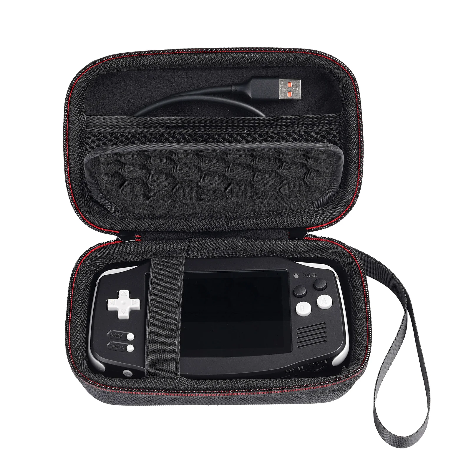 Sac de rangement ouvert avec une console portable et un câble USB à l'intérieur, conçu pour la protection et le transport de gadgets électroniques.