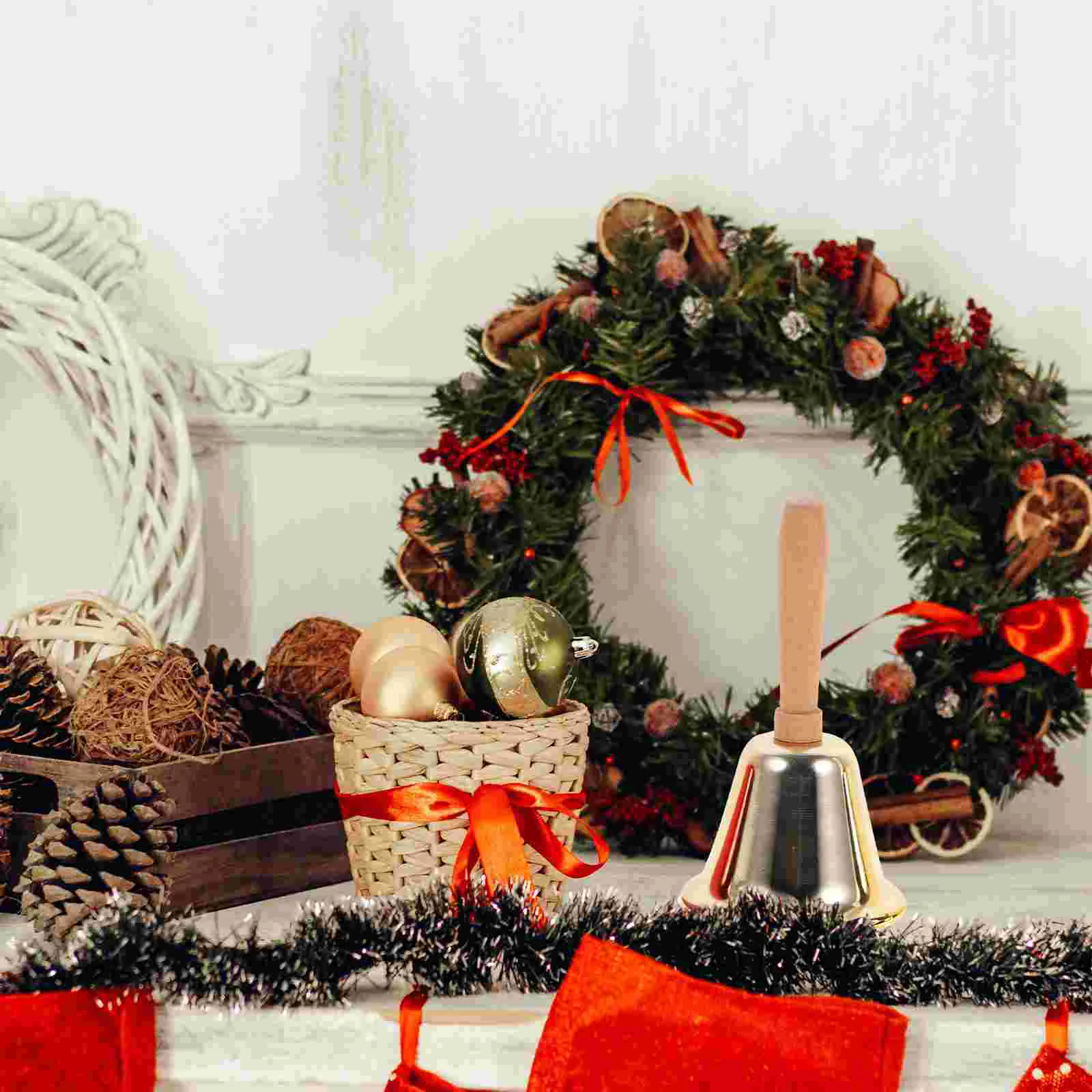 4 Pcs Christmas Rattle Vintage Decor Bar Bell Metal Hand Call Decoration Handheld Bells Wood Festival