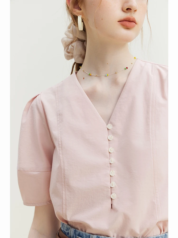 FSLE French V-neck Shirt Women's Summer 2023 New Bubble Sleeve Temperament Short Sleeve Tops For Women Pink Yellow Shirt