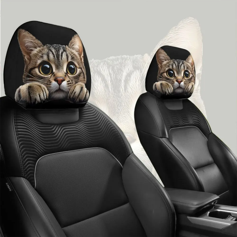 Two Cartoon Big-Eyed Cute Cat Printed Car Headrest Covers, Easy to Install And Washable
