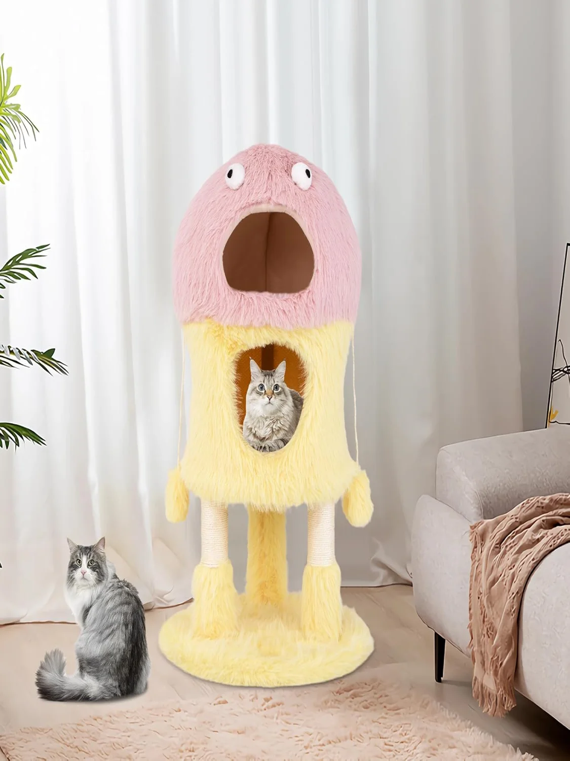 3-stufiger Kratz baum, 2-stufiges Abfall tablett, Sisal-Kratz baum, hängendes Spielzeug, Plüsch möbel für Katzen und Kätzchen – Detail 1