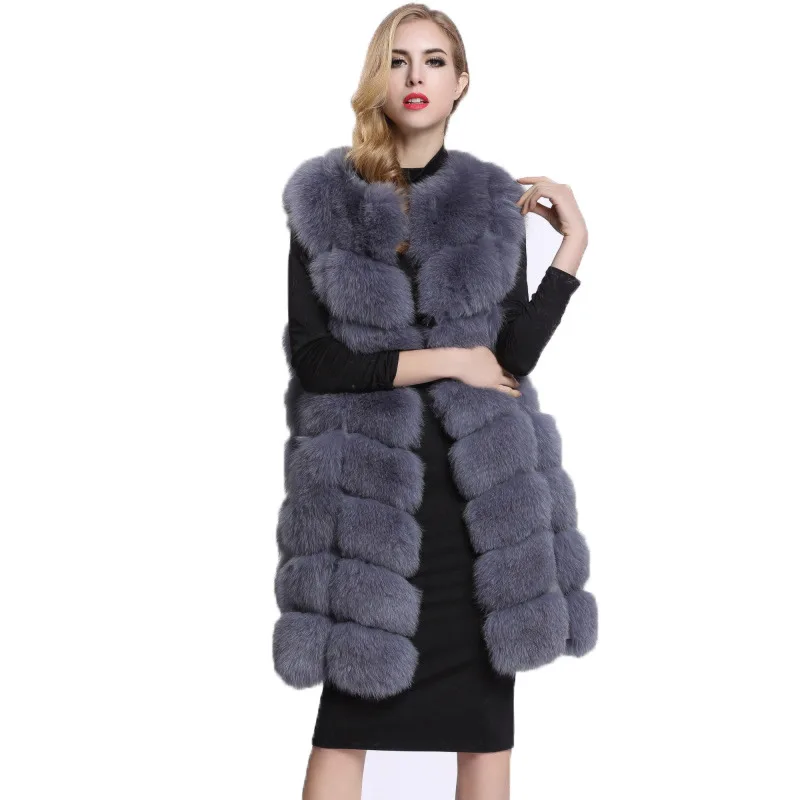 

90 CM Medium Long Artifical Fox Fur Vest Women Winter Fashion Faux Fox Fur Vests Woman Warm Fake Fox Fur Coats Female