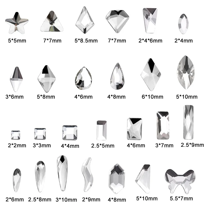 Heißer Verkauf K9 Clear White Boutique Nail Art Strasssteine mit flachem Boden Glaskristall 3D Nageldekoration Mehrere Formen Großhandel