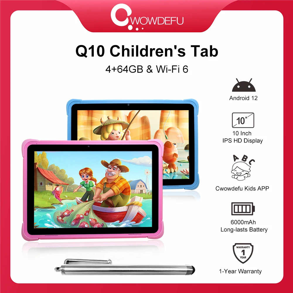 Cwowdefu tablet per bambini da 10.1 pollici Android 12 Quad Core 4GB 64GB  WIFI6 6000mAh tablet di apprendimento per bambini bambino con APP per