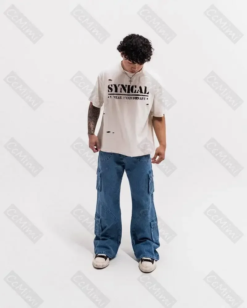 Men Jeans Ripped Jeans Ripped Patchwork Jeans Vintage Y2K Loose Fit Black Cargo Wide Leg