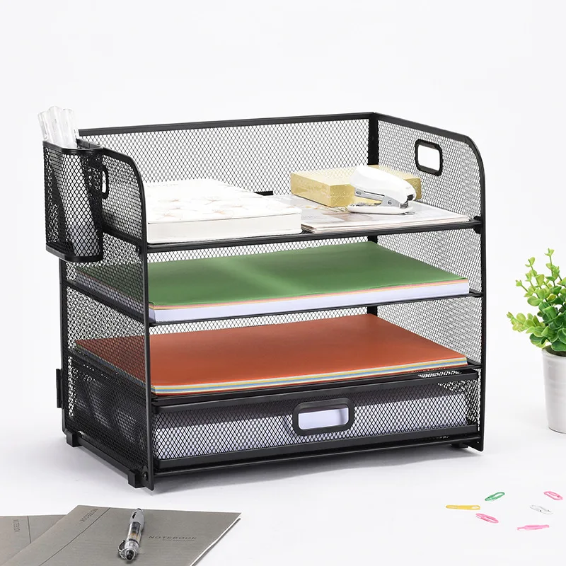 Metal Four-layer File Rack Multifunctional Removable And Durable Office Desktop Data Storage Tray with Side Window