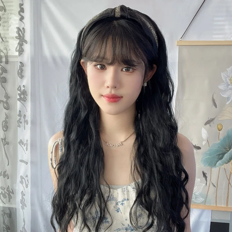 

Wholesale: Women's headband wig, chemical fiber, small curly hair, corn perm, half wig.